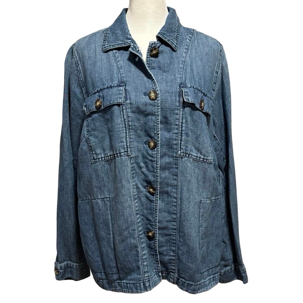 J Jill Size M Shacket Jacket Lightweight Denim Cotton Linen Blue Minimal